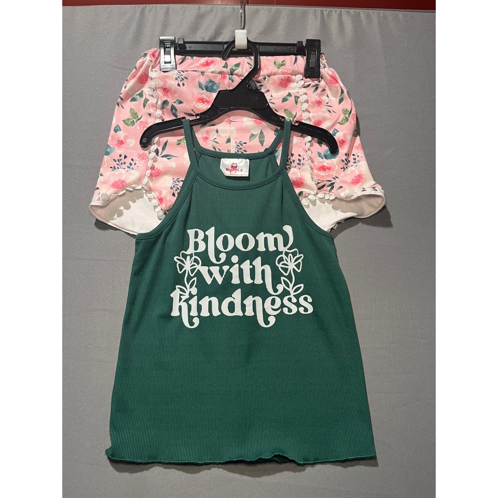 Ruffle Girl Bloom With Kindness Green Ribbed Tank & Floral Shorts Set 4XL Kids